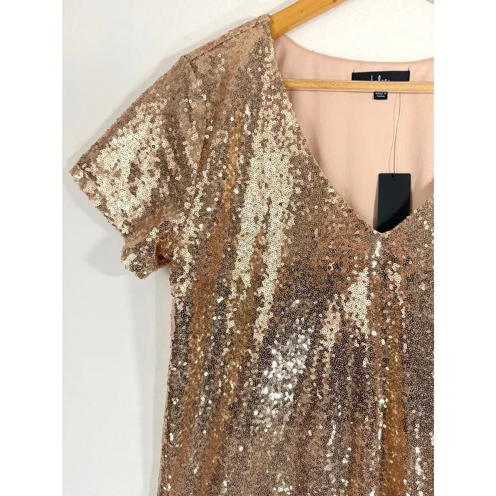 NWT Lulus Light Up the Night Champagne Sequin Mini Shift Dress Size Large - Picture 6 of 11